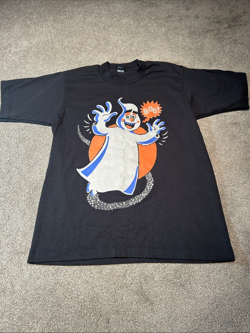Vintage Fruit of the Loom Black Ghost Graphic Tee with Orange and Blue Accents